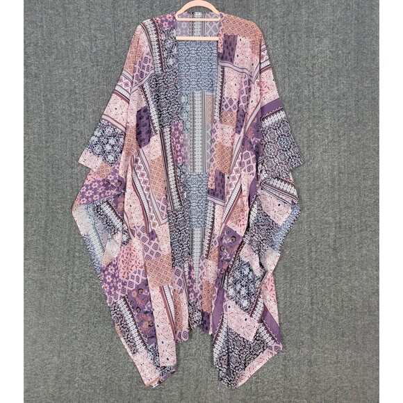 Patchwork Print Kimono Womens OS S M L XL 2XL Pink Floral Open Front Boho Duster - Picture 1 of 10